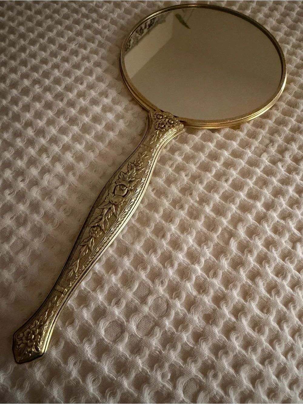 Vintage 24k gold-plated or brass-plated ornate hand mirror